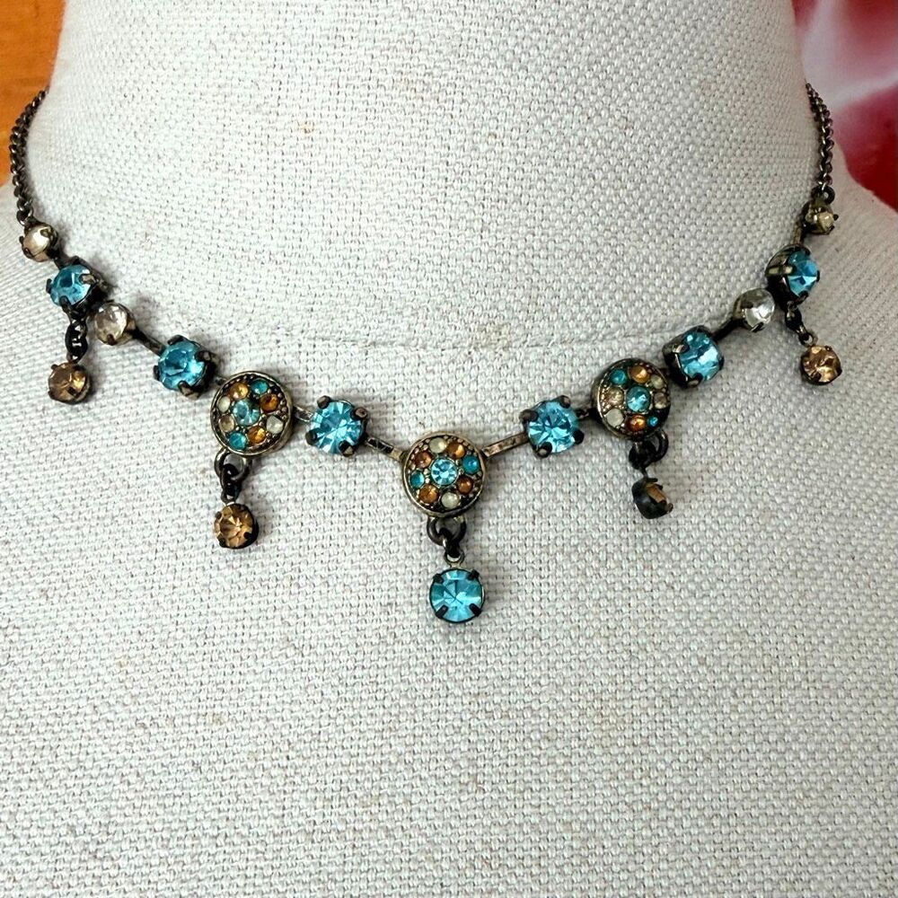 Vintage Avon Aqua Blue Amber Rhinestone Dangle Necklace